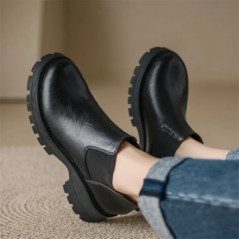 Autumn Split Leather Ankle Boots Women Round Toe Chunky Heel Platform Boots for Women Winter Short Boots Concise Women Boots