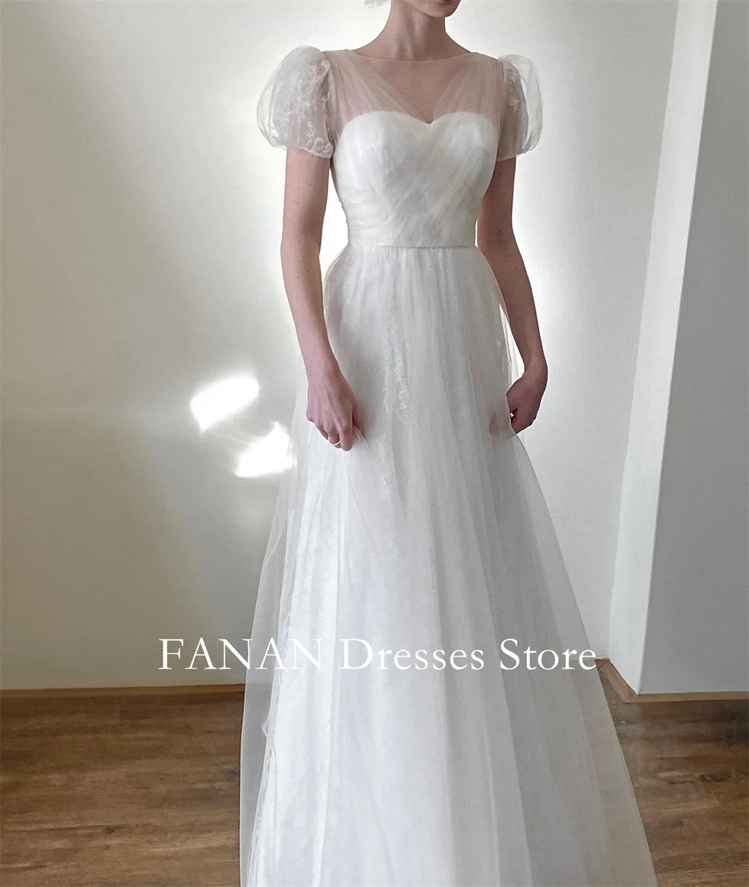 FANAN O-คอเกาหลี Ivory A-Line Corset ชุดแต่งงาน Tulle แขนสั้นที่กําหนดเองสวยเจ้าสาว Gowns PLUS ขนาด