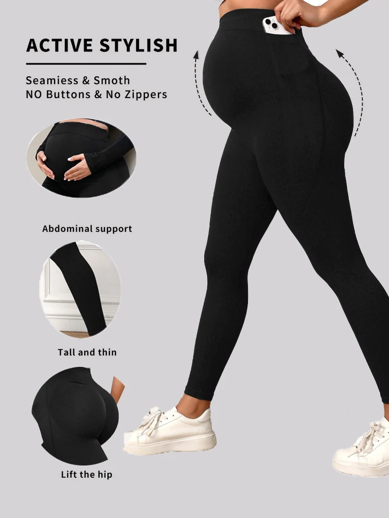 Women's Maternity Leggings with Pockets Over The Belly,Pregnancy Yoga Pants Activewear Workout Leggings