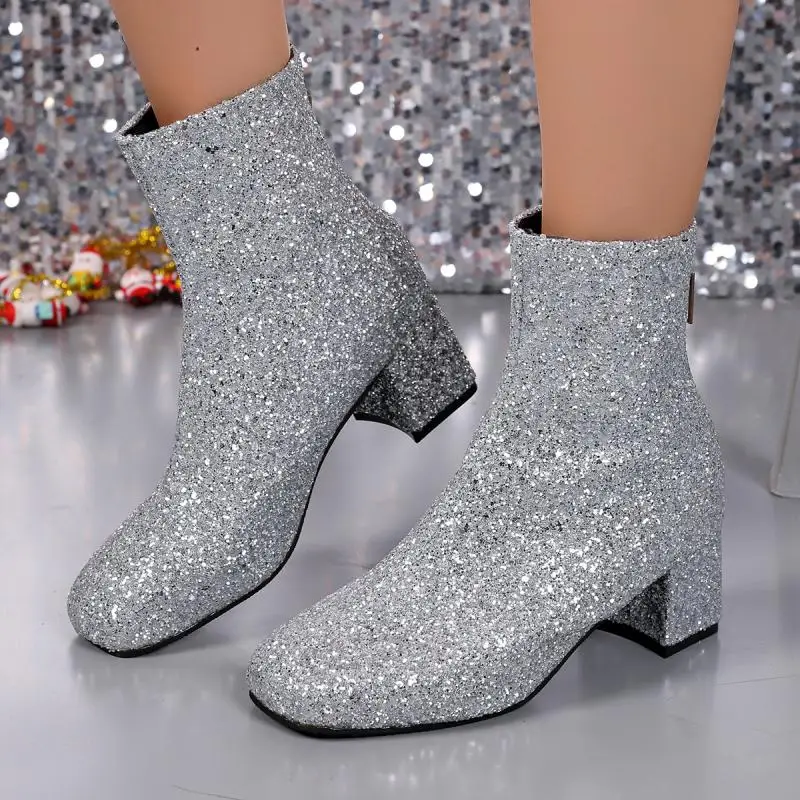 Bottines Chelsea de luxe à paillettes argentées pour femmes, bottines d'automne à bout carré avec fermeture éclair arrière, Sexy, or brillant, talons hauts, bottines de fête, 2025