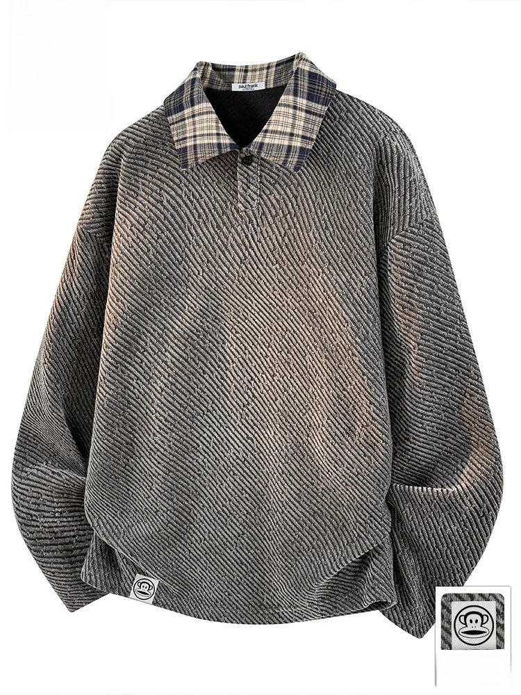 

PaulFrank M irt Spring Season Faion Brand Patchwork Plaid Collar up irt Large Mouth Monkey Snail Design Breathable