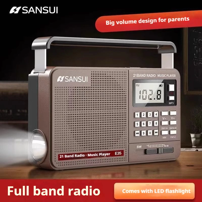 Sansui E35 Full Band Radio Portable Hifi Bluetooth Digital Retro RadioMp3/Tf/U-Disk Music Custom Led Flashlight Player Speakers