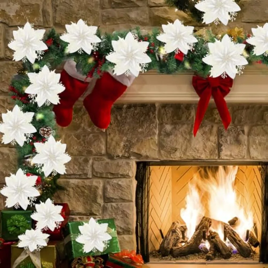 16 قطعة زهرة البونسيتة عيد الميلاد زينة الاصطناعي بريق البونسيتة البيضاء الحلي لشجرة عيد الميلاد إكليل حفل زفاف دي