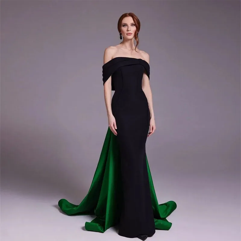 

Elegant Black&Green Contrast Evening Dresses Mermaid Off Shoulder Pleated Prom Dress Floor Length Sweep Train Party Dresses