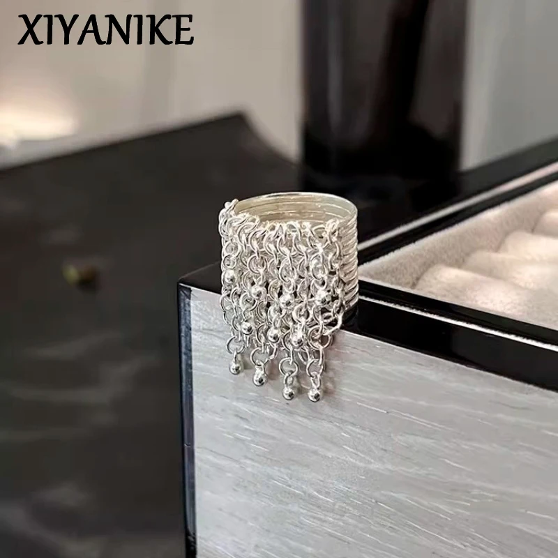 XIYANIKE New Year Chain Tassel Ball Wide Cuff Finger Rings For Women Fashion Jewelry Promise Gift Valentine Party anillos mujer