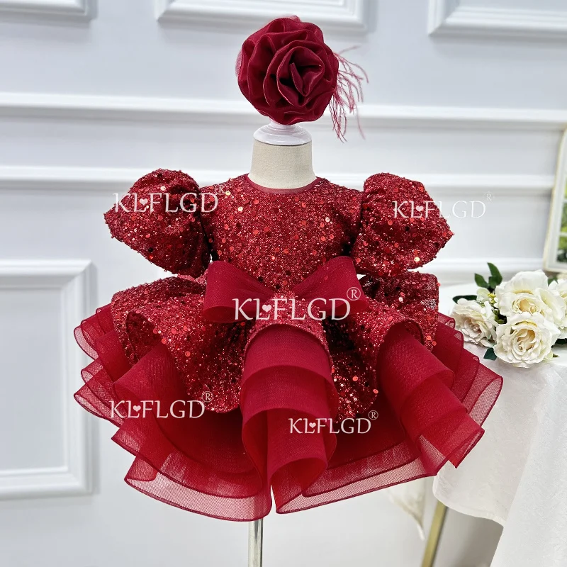 Light luxury girls high-end dress flower children wedding sequin dress red puff sleeve sweet girl Christmas dress