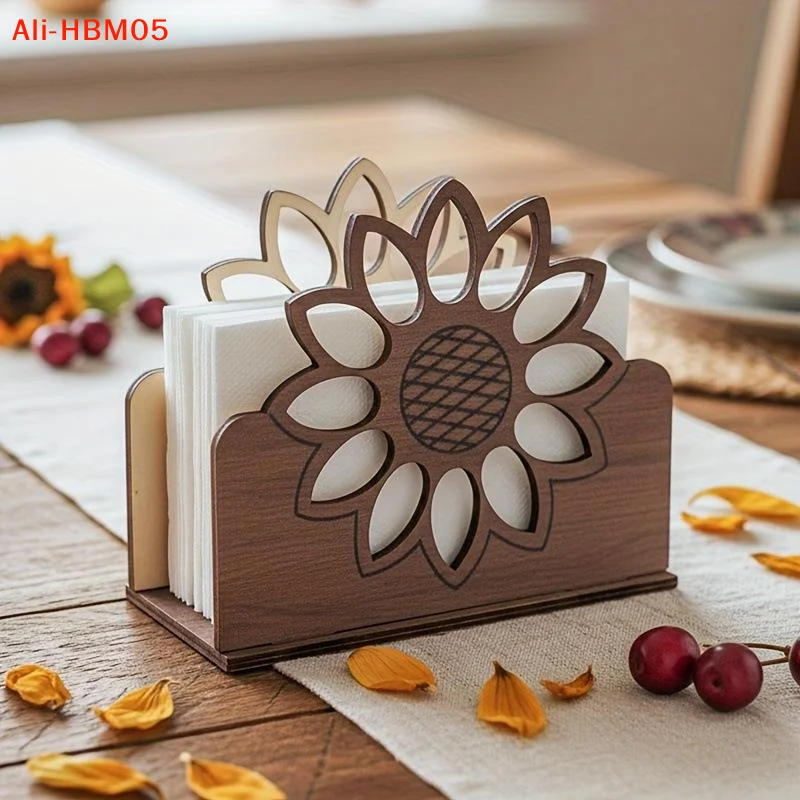 (HB05)Wooden Sunflower Napkin Holder Cocktail-Style Farmhouse Napkin Dispenser For The Dining Room, Kitchen Table, Decor