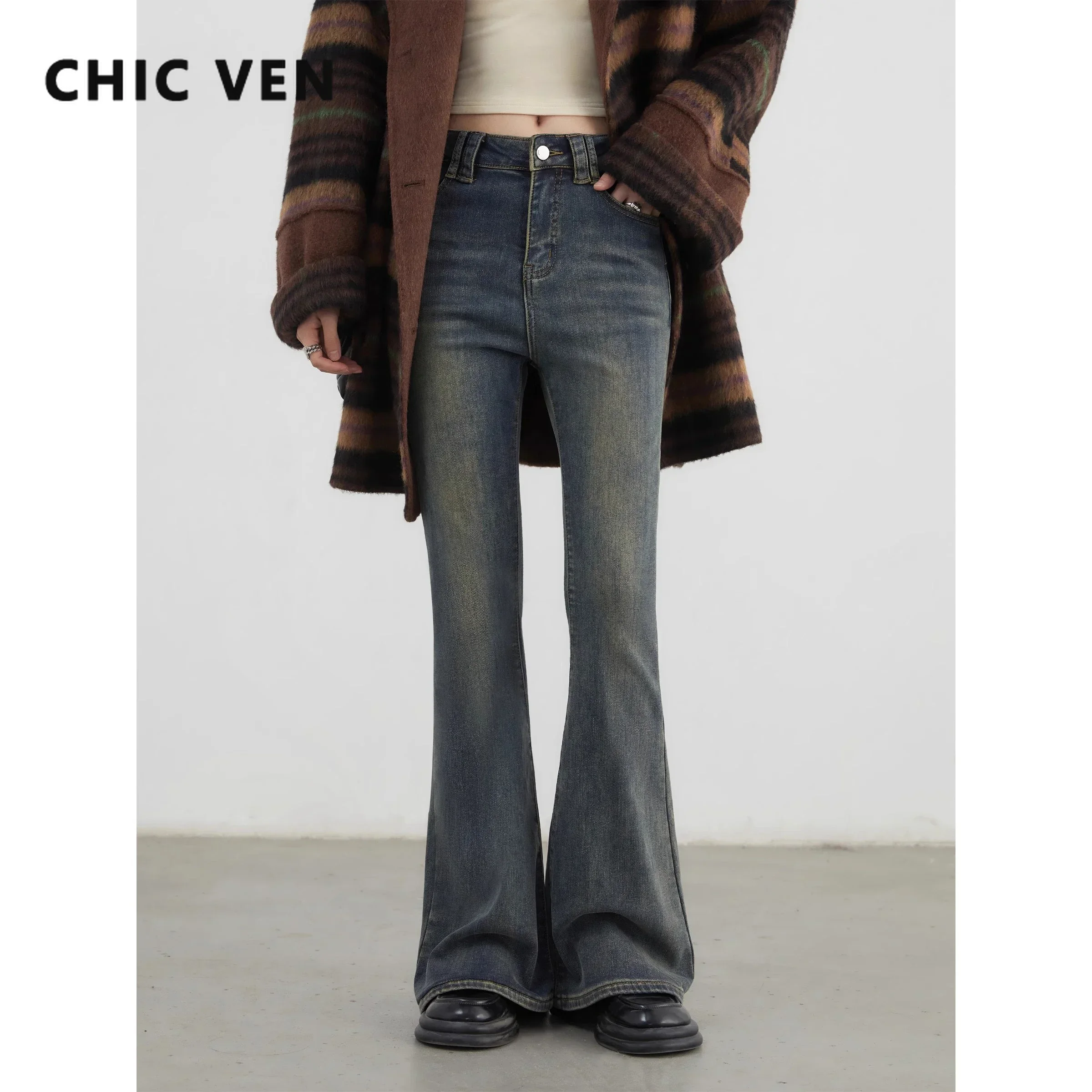 CHIC VEN Women Denim Pant Retro High Waisted Female Trousers Slight Elasticity Plush Mop Jeans Autumn Winter 2024