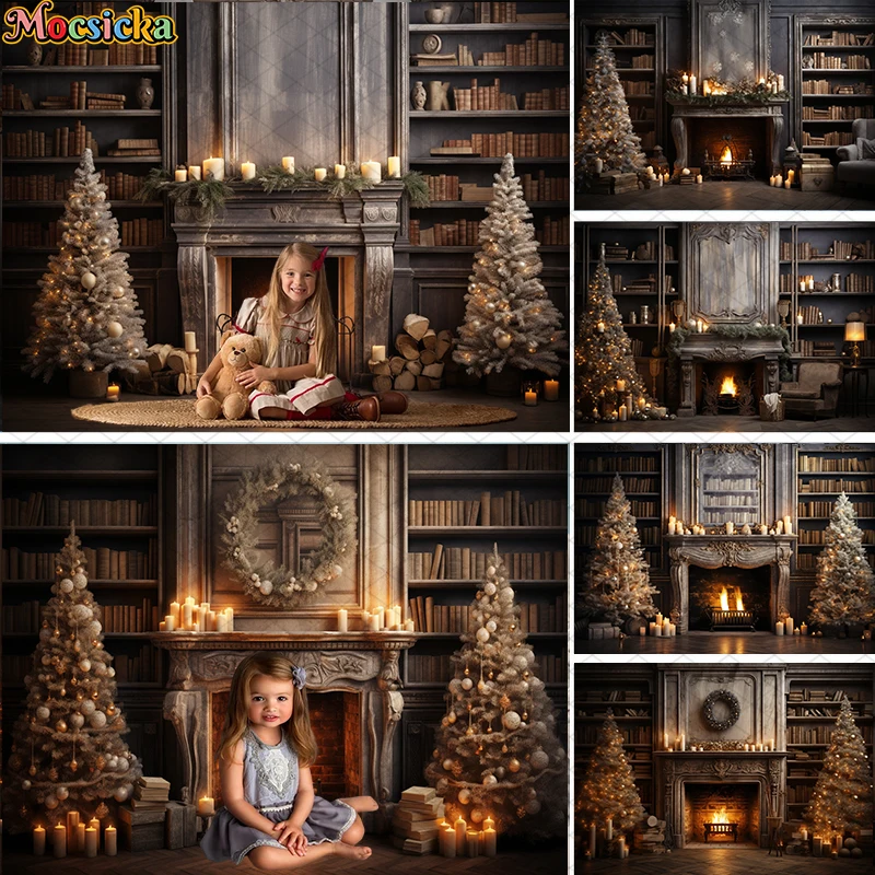 Mocsicka Christmas Backdrop Decorative Tree Fireplace Gift Vintage bookshelves Wall Photography Background For Photo Studio