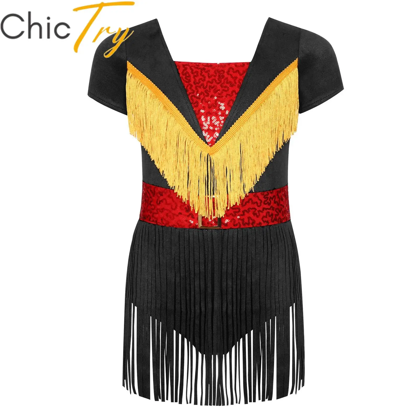 

Kids Girls Western Cowgirl Cosplay Costume Halloween Roleplay Dress Tassels Sequin Decorative Band Tassel Hem Carnival Dress Up