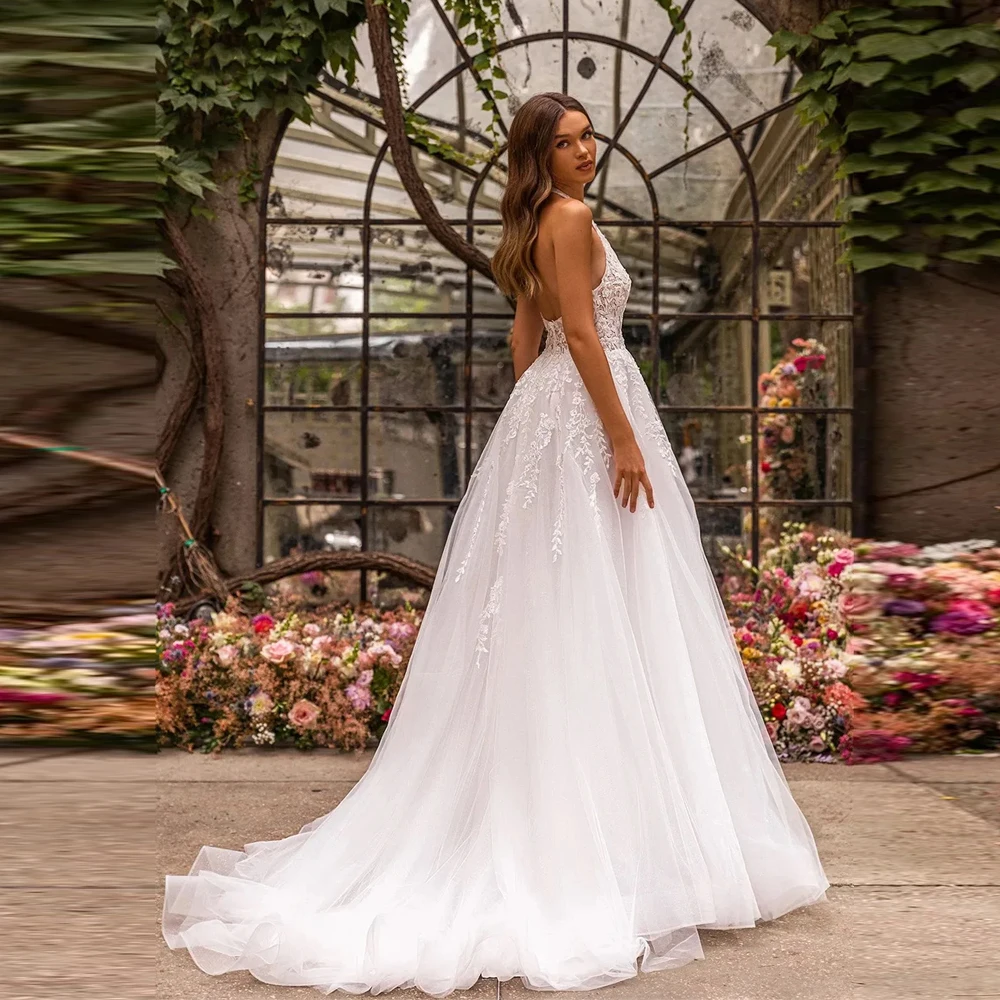 Fascinating A-Line Wedding Dresses Halter Lace Flower Printing Bridal Gowns Backless Princess Vestidos De Novias 2025 Customized
