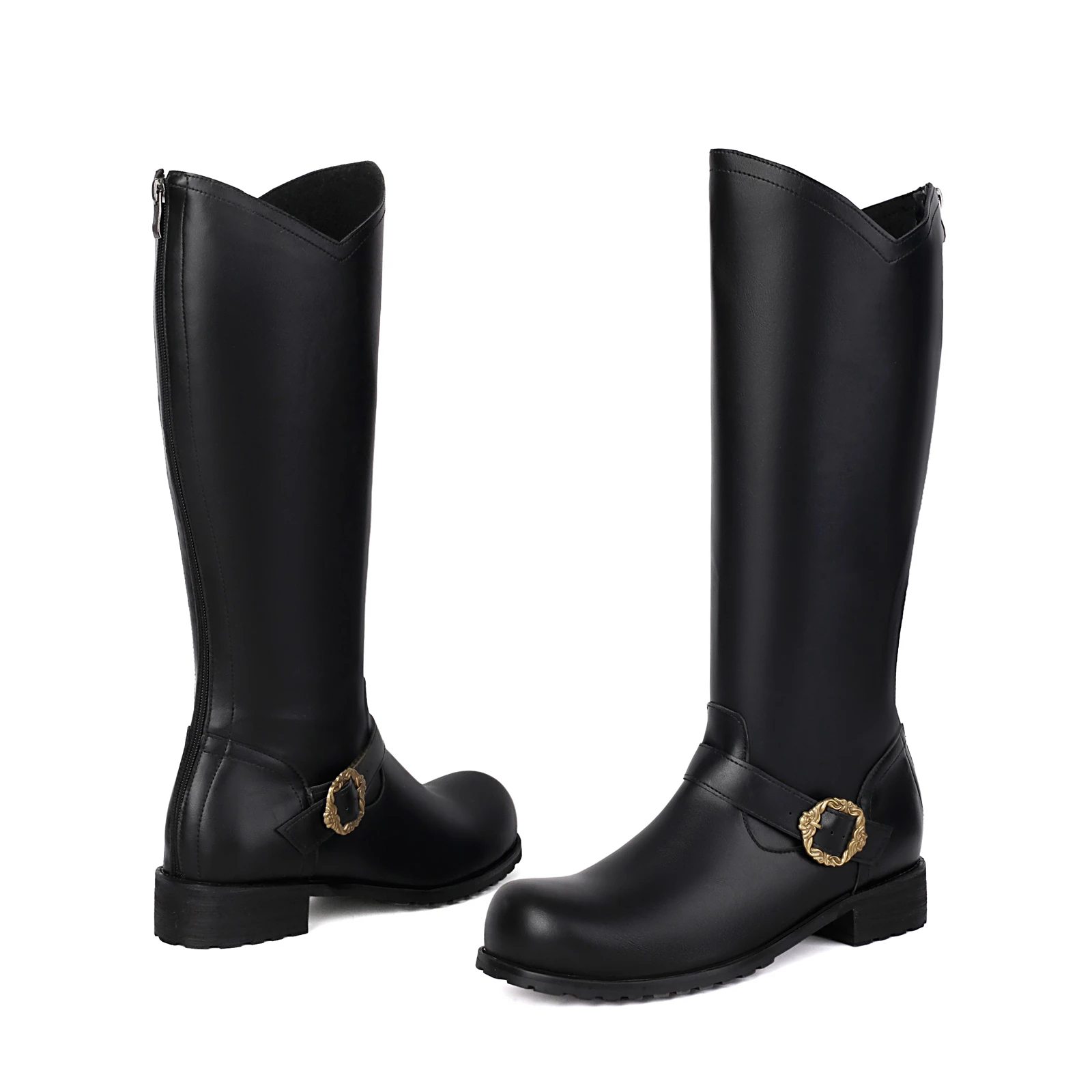 Buckle Knee High Riding Boots Men Back Zipper Western Cowboy Boots Round Toe Low Block Heel Black PU Leather Tall Boots 2