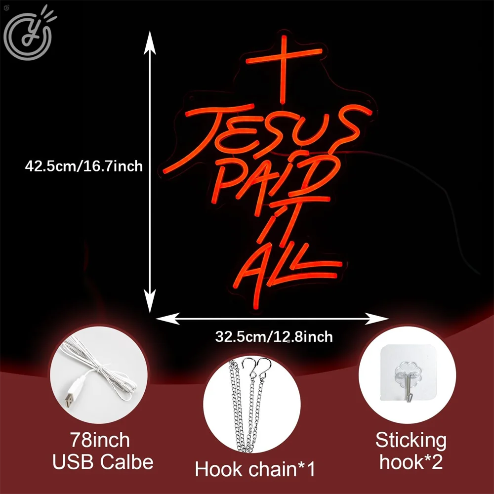 Jesus Paid it All Neon Sign LED Jesus Cross Wall Decor USB Powered for Bedroom Christening Baby Shower Decor Christian Symbol