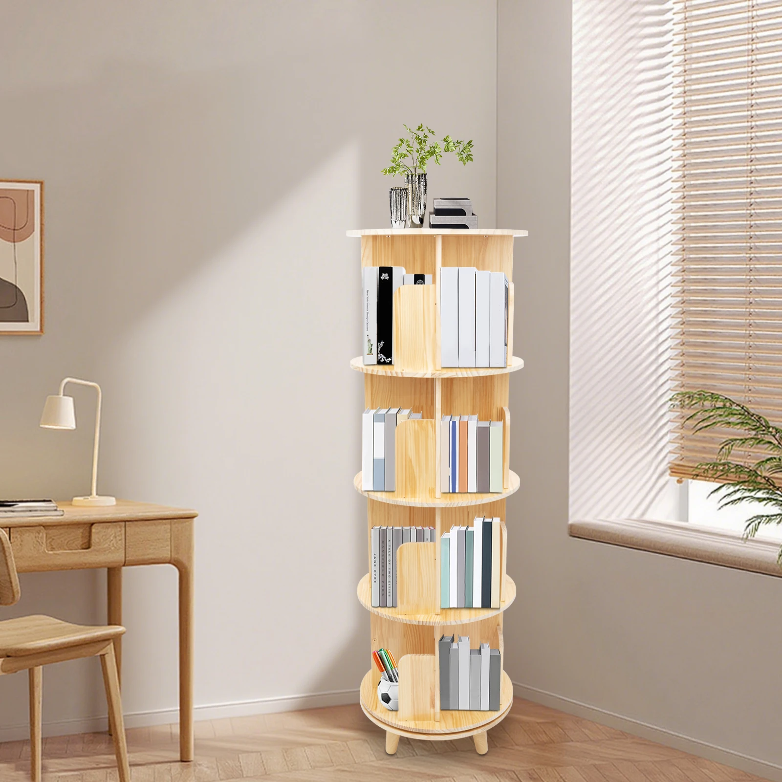

Natural Wood 4-Tier 360° Rotating Bookshelf 110lbs Per Tier Load Capacity Stainless Steel Chassis For Home Study Book Storage