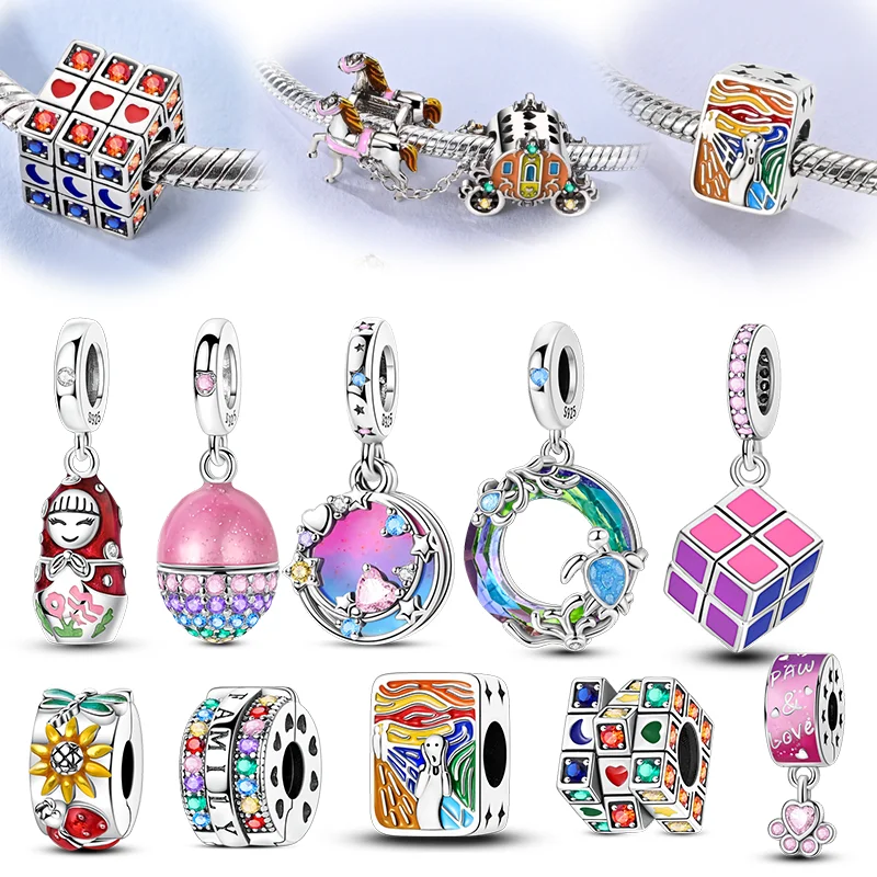Fit Original Bracelet Charms Diy 925 Silver Colorful Cat Tree Dragon Charm Beads Magic Cube Jewelry Gift