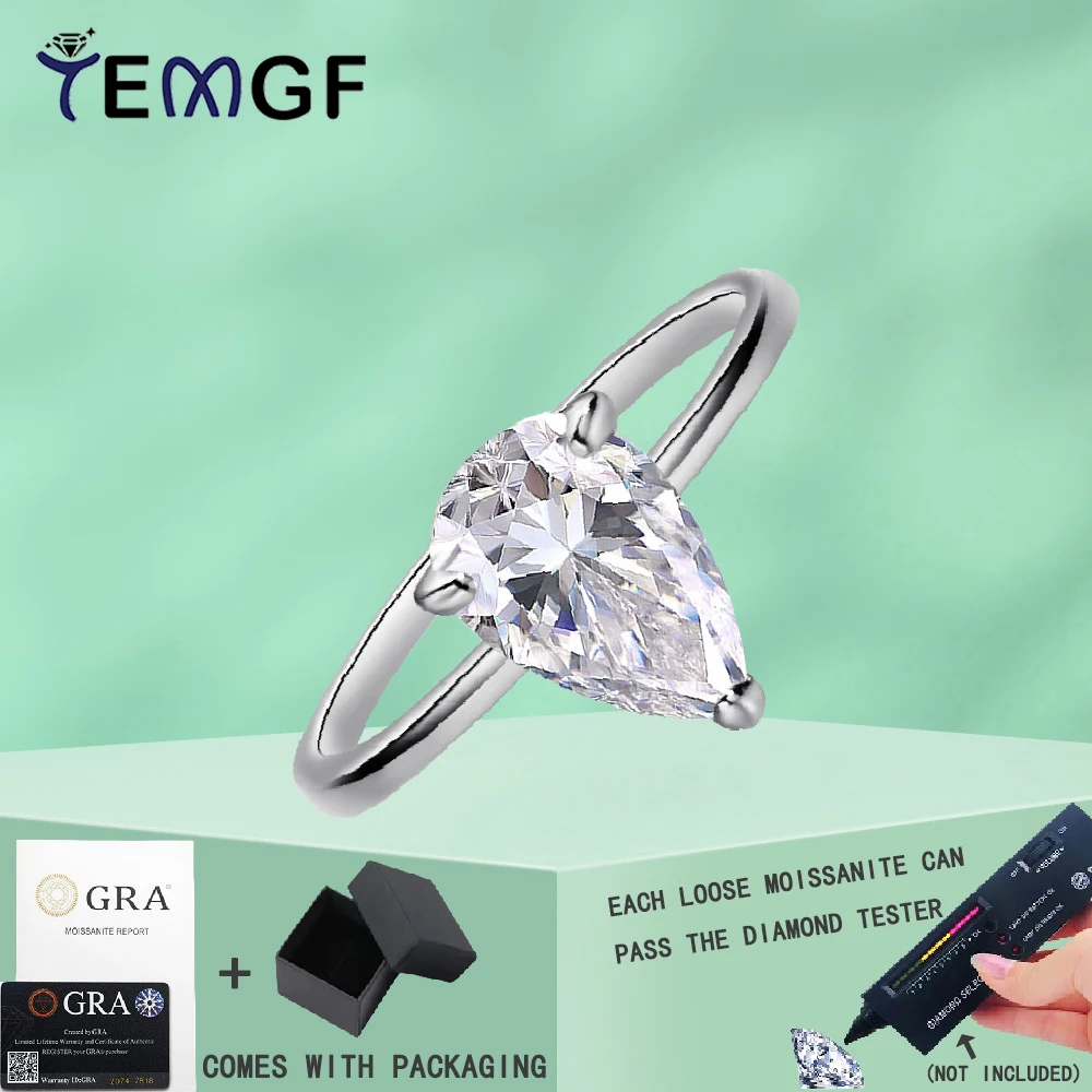 

TEMGF 925 Silver Ring 1/2/3/4CT Water Drop Moissanite Inlay 3 Prong Holder for Women Proposal Engagement Wedding Anniversary