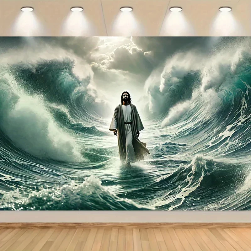 VIKAMA Tapiz de Jesús Caminando sobre el Agua, Tapiz Religioso Cristiano para Colgar en la Pared, Tapices Estéticos de Fe para Decoración de Dormitorios