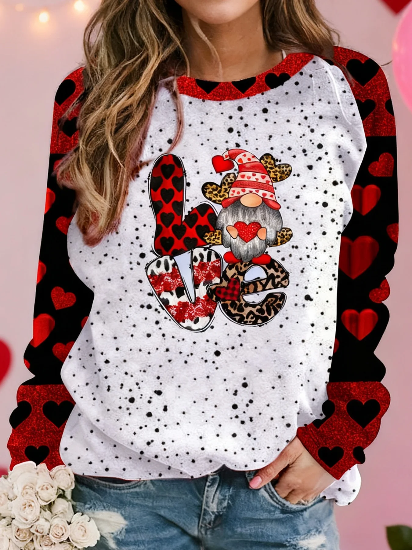 Plus-Size Damen-Oberteil mit Valentinstags-Grafikdruck, Raglanärmeln, Rundhalsausschnitt, elastisch, lässig, für den Alltag. – Detail 5