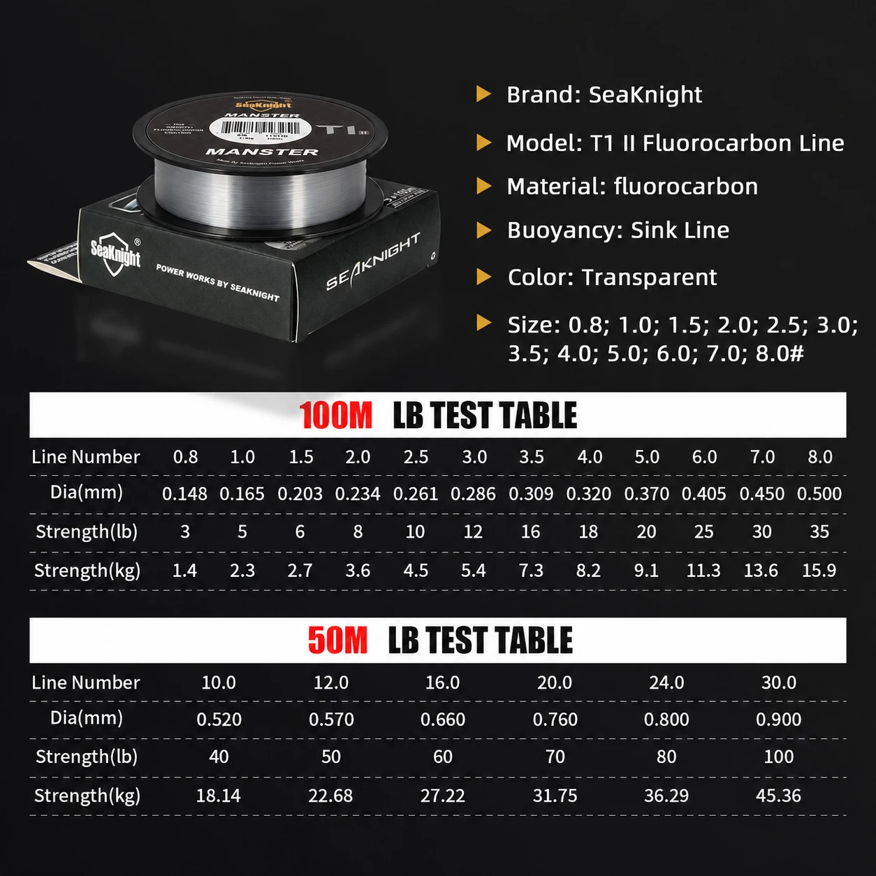 SeaKnight Brand MANSTER T1 II Series 100%Two-layer Fluorocarbon Coating Fishing Line 100M 50M Fast Sinking Line Stronger 3-100LB gallery 2