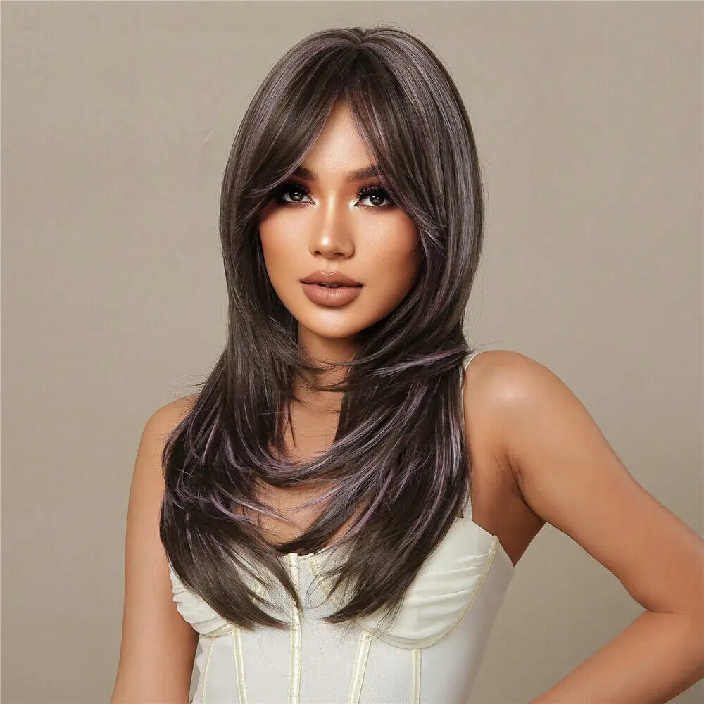 Dark Brown Mixed Purple 23 Inch Synthetic Wigs with Bangs Long Straight Wigs US