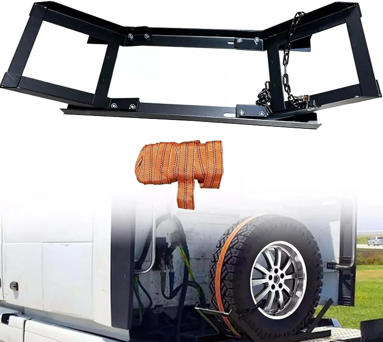 Adjustable Semi Truck Spare Tire Rack, Secure Carrier with Ratchet Strap for Tractor Trailer