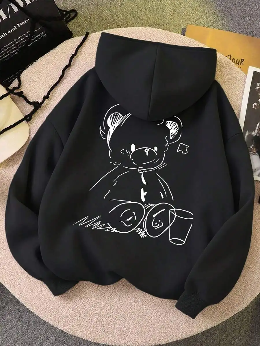 Girls' Casual Hooded Sweatshirt With Bear Graphic, Soft And Machine Washable, Casual Fashion, Suitable For Travel, School And Shopping