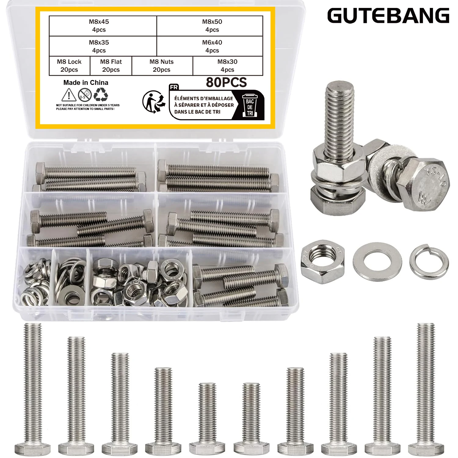M8 bolts and nuts combination, 80 sets of M10 x 40/50/60/70/80 mm metric bolts and nuts kit, 304 stainless steel hexagonal head