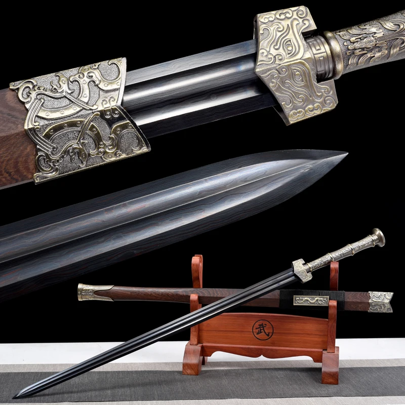 Medieval Han Jian Sword Folded Steel Black Blade Real Handmade Full Tang Sharp Ready Battle Samurai Swords Dragon Kongfu Katanas