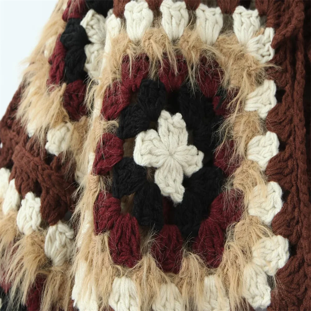 سترة صوفية شبكية مصنوعة يدويًا على الطراز العرقي مع جزء علوي متماسك برباط، سترة فضفاضة بنمط غريب