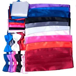 Men Satin Cummerbund Bowtie Pocket Square Hanky Set for Tuxedo Wedding Various Colors for Choice