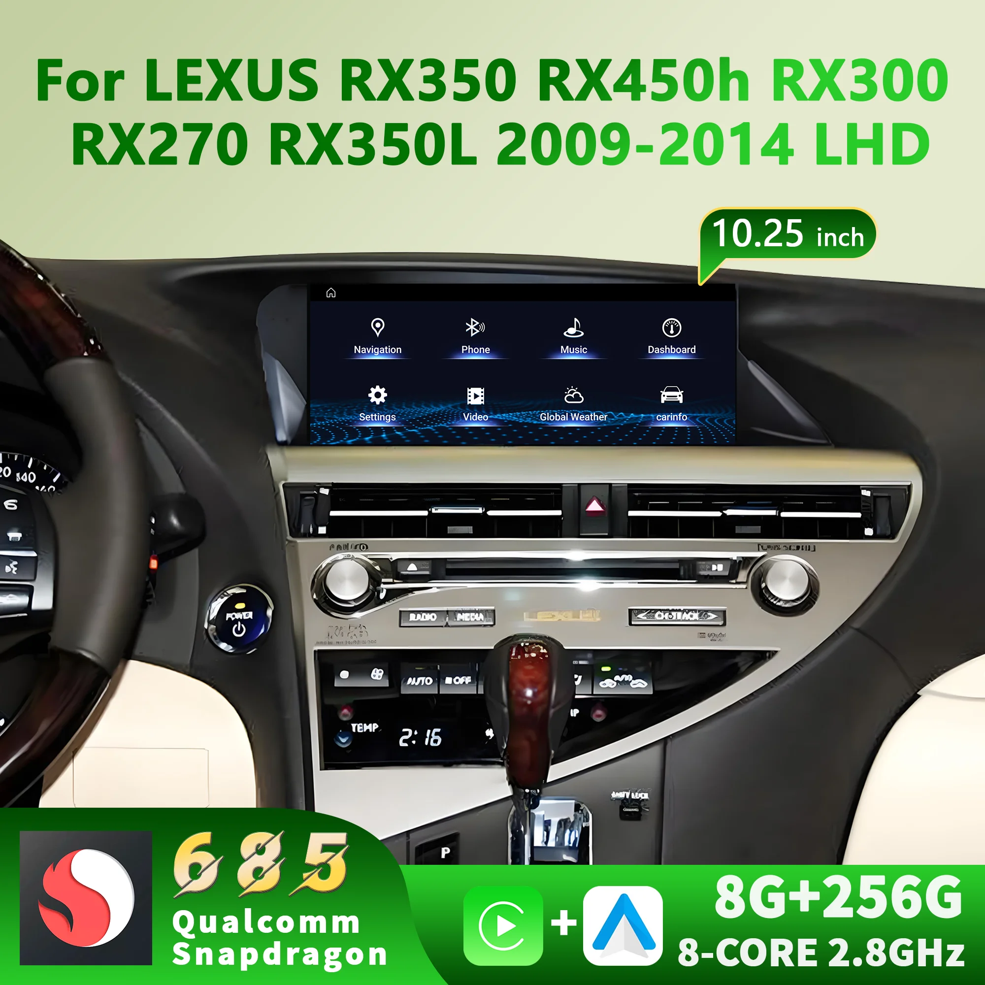 10.25'' Android 14 For LEXUS RX350 RX450h RX300 RX270 RX350L 2009-2014 Snapdragon 680 Car Radio Multimedia Carplay Touch Screen