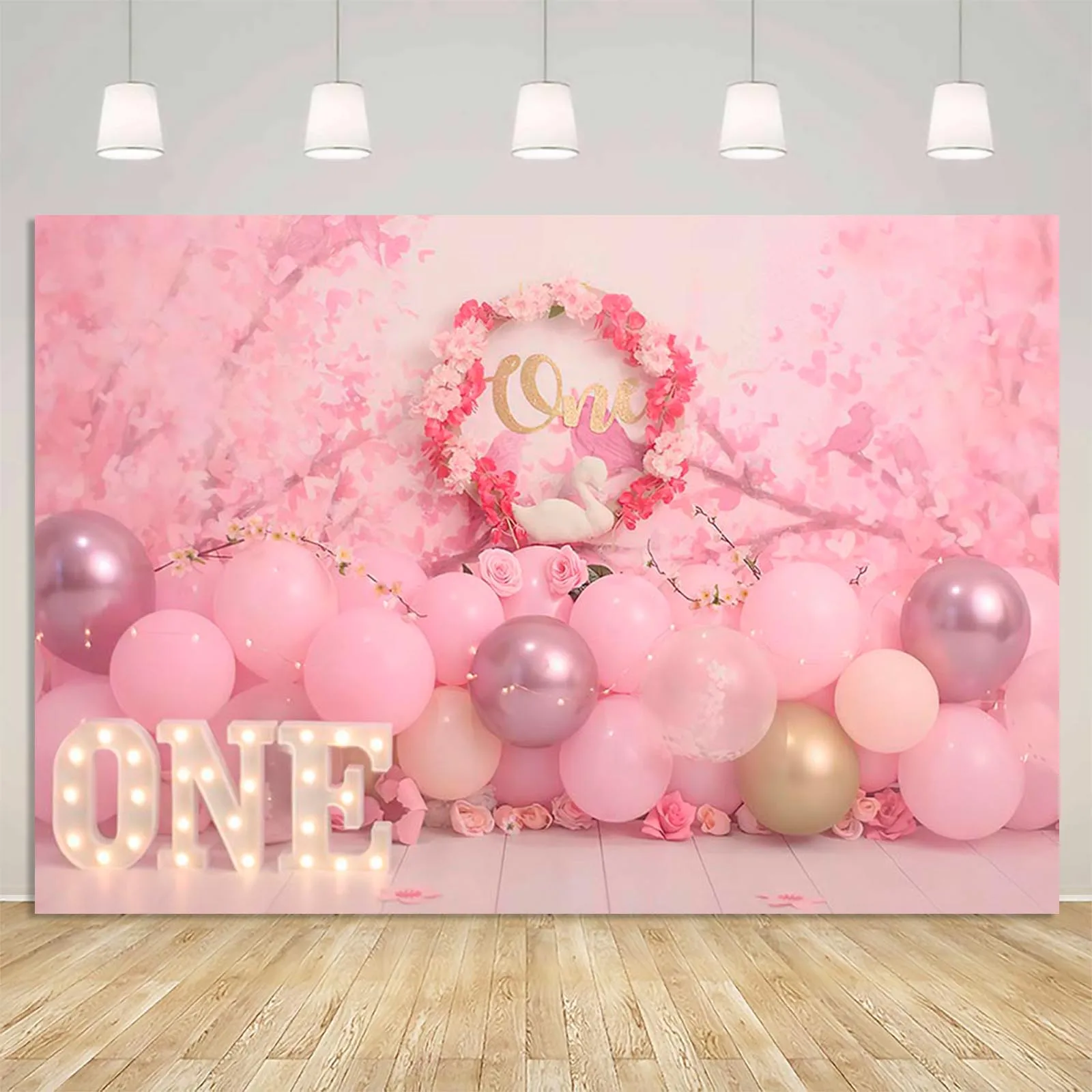 1 Year Girl Birthday Photography Background Pink Wreath Balloon Backdrop Party Decoration Supplies Kids Photoshoot Poster Prop