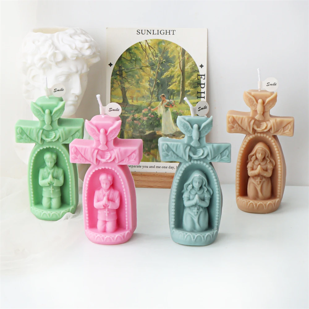 3D Cherub Silicone Mold DIY Handmade Praying Boy Girl Candle Mold Prayer Virgin Sculpture Soy Wax Candle Mold Cross Church Decor