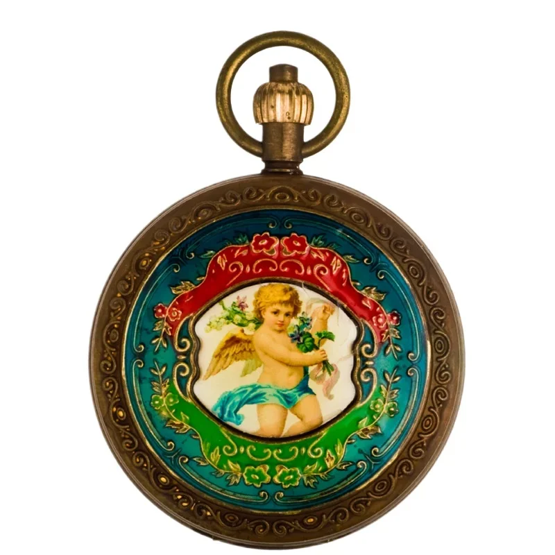 حركة الشمس والقمر والنجوم الملاك البرونزي مزدوجة مفتوحة الوجه دليل ساعة الجيب الميكانيكية العتيقة الكنز التذكاري الرجل العجوز