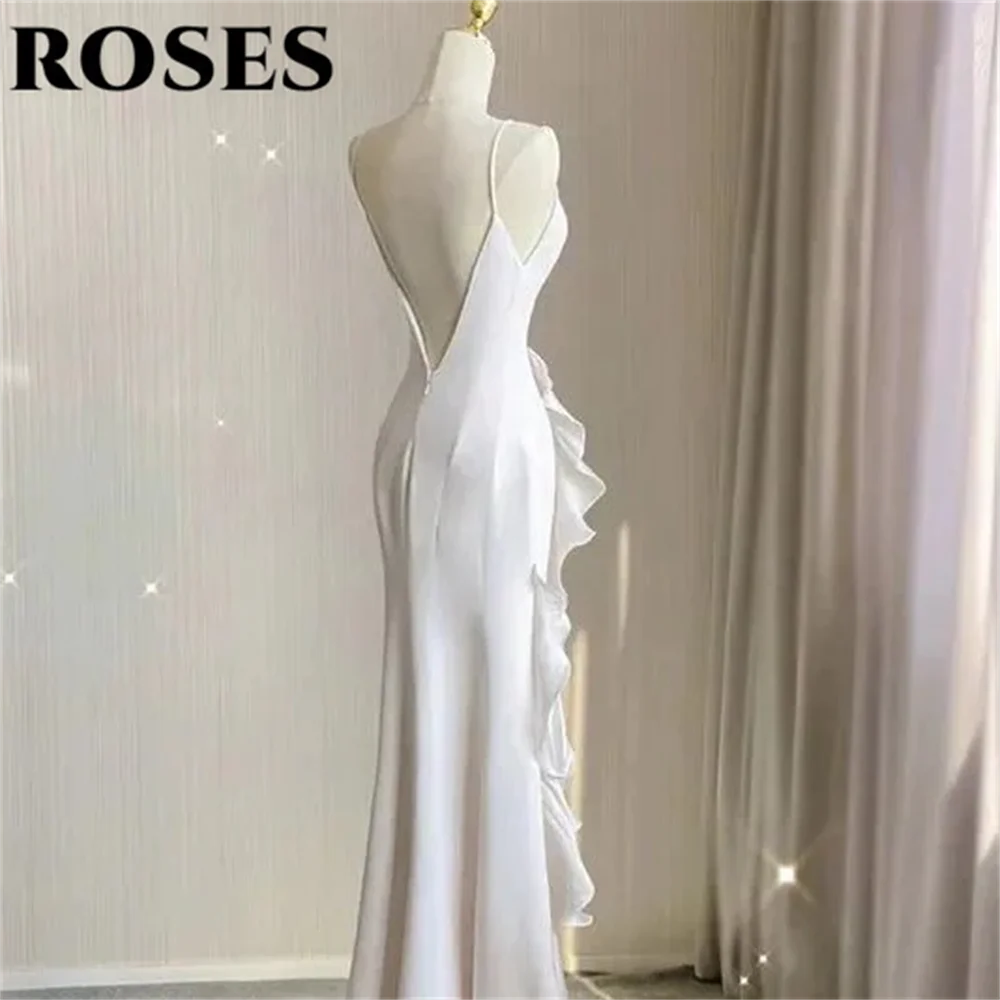 ROSES White Mermaid Evening Dress Chiffion Sleeveless O-Neck Charming Prom Dresses Pleats Split Party Dress vestidos de noche image 4