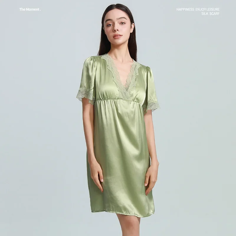 

100% Real Silk Chemise Lace Trim Short-sleeved Nightdress with Chest Pad Sexy V Neck Mini Dresses Women's Summer Thin Night Gown