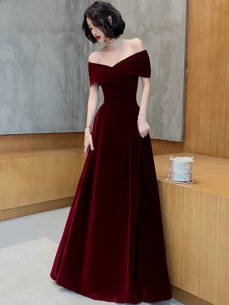 SOILFOIL Velvet Bride Toasting Dress 2024 New wine red Shoulder plus size Temperament Usually Wear Evening Dress Women