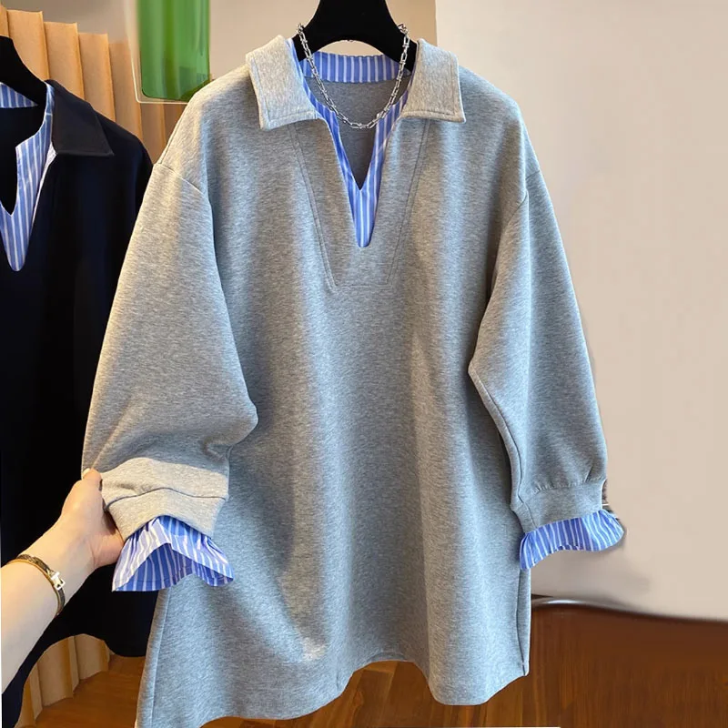 

Женские толстовки с эффектом двухслойности, весна-осень, с длинным рукавом, отложным воротником, в полоску, в стиле пэчворк, шикарные топы