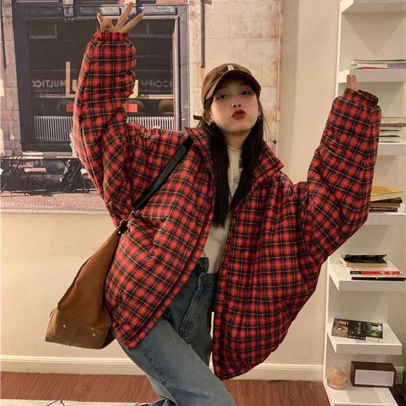 

GIDYQ Vintage Cropped Plaid Parkas Women Winter Korean Oversized Warm Down Coats Y2k Streetwear Short Cotton Padded Jacket New