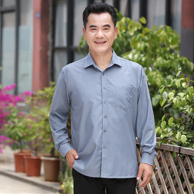 

Мужская рубашка свободного кроя с длинным рукавом, тонкая, чисто белая, для мужчин среднего и старшего возраста, весна-лето, модная.