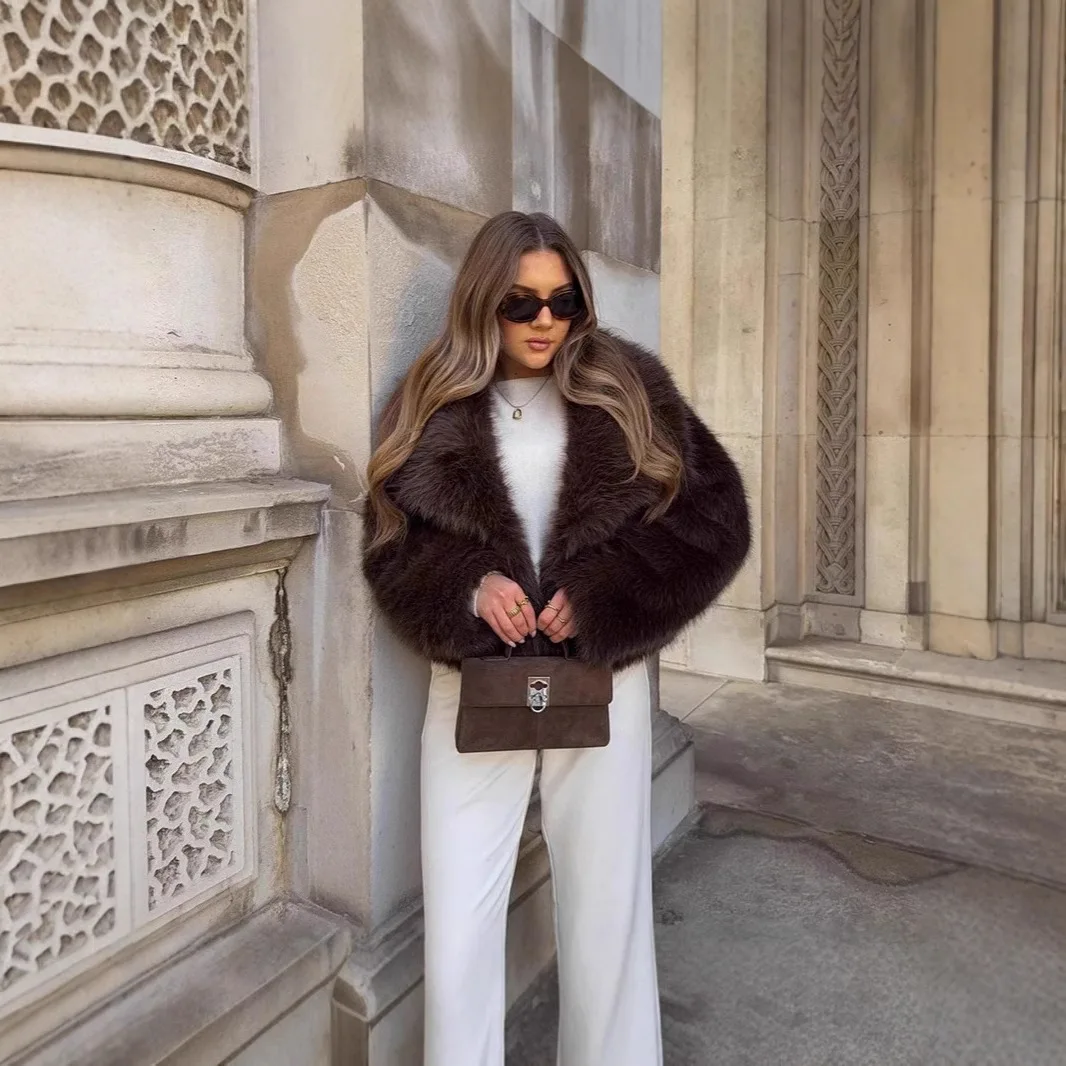 Faux Fur Coats Women Solid Lapel Short Coat Jackets Loose Elegant Cardigan Outerwear Party Thick Warm Y2k Jacket Autumn Winter