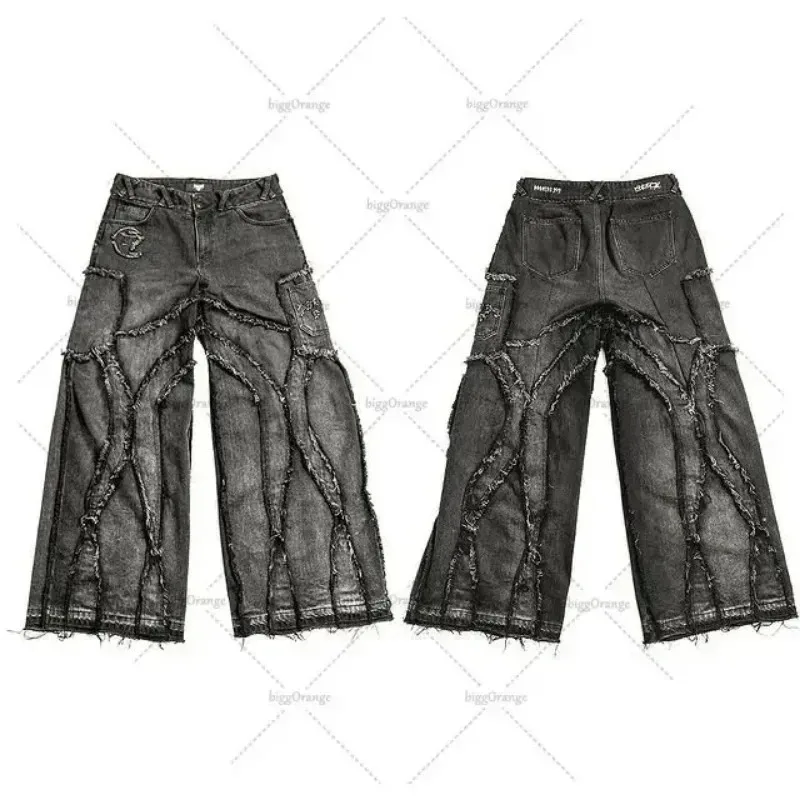 2024 New American Style Straight Pants High Waist Raw Edge Trendy Brand Oversized Jeans Men Y2K Retro Washed Wide Leg Pants