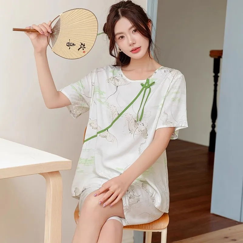 Vintage Print Pajamas For Women New Short Sleeve Capri Pants Set Thin Summer Sleepwear Female China Style Night Pijama Suit