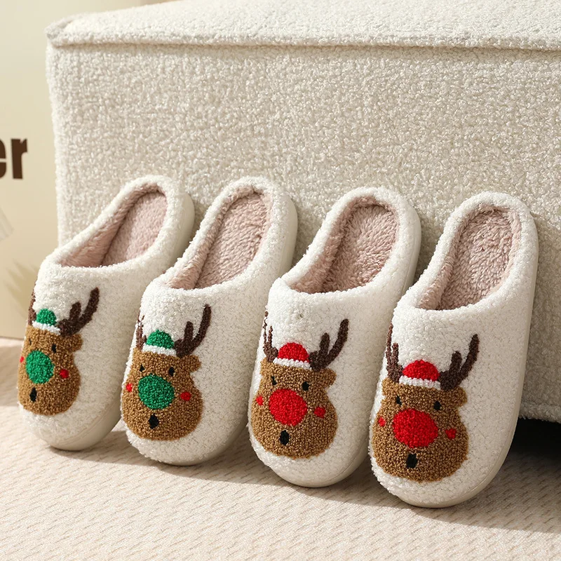 New Cross-border Christmas Deer Gingerbread couple Slippers Women's Warm Indoor Winter Cotton Slippers Smiley Face Design