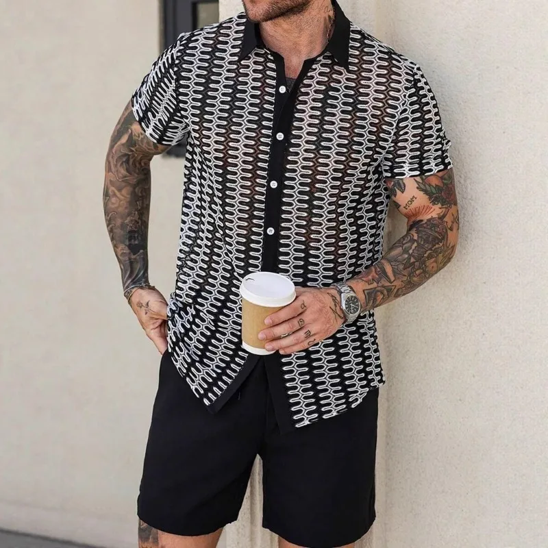 Fashion Hollow Woven Short Sleeved Shirt for Men 2025 Summer Casual Holidays Loose Casual Shirts Social Party Streetwear