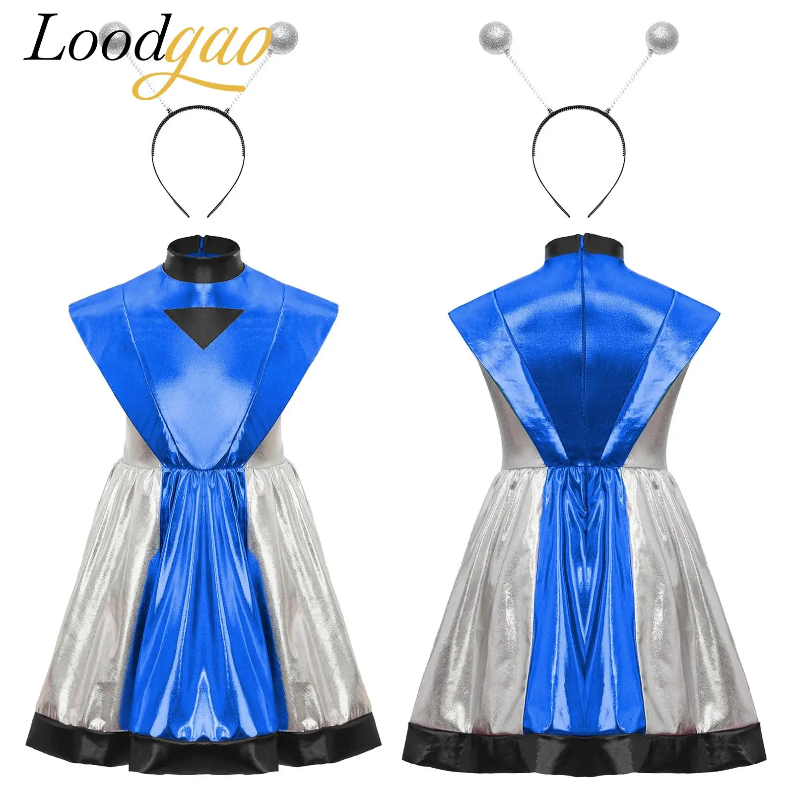 

Cosplay Halloween Children Robot Costume Kids Metallic Alien Costume Girls Outer Space Cosmic Galaxy Fancy Dress with Hair Hoop