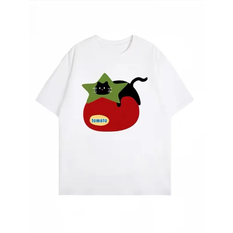 Cute Tomato Black Cat with Star Print Casual Short Sleeve Cartoon Kitten Tomato Graphic T-Shirt Trendy Loose Fit Crew Neck Top