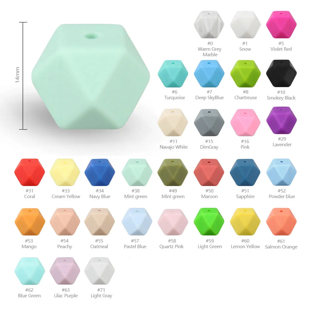 Hexagon Silicone Beads for Baby Teething, Mini Bead para Chupeta, Clip Chain, colar, Food Grade, Pearl, DIY, 10PCs, 14mm