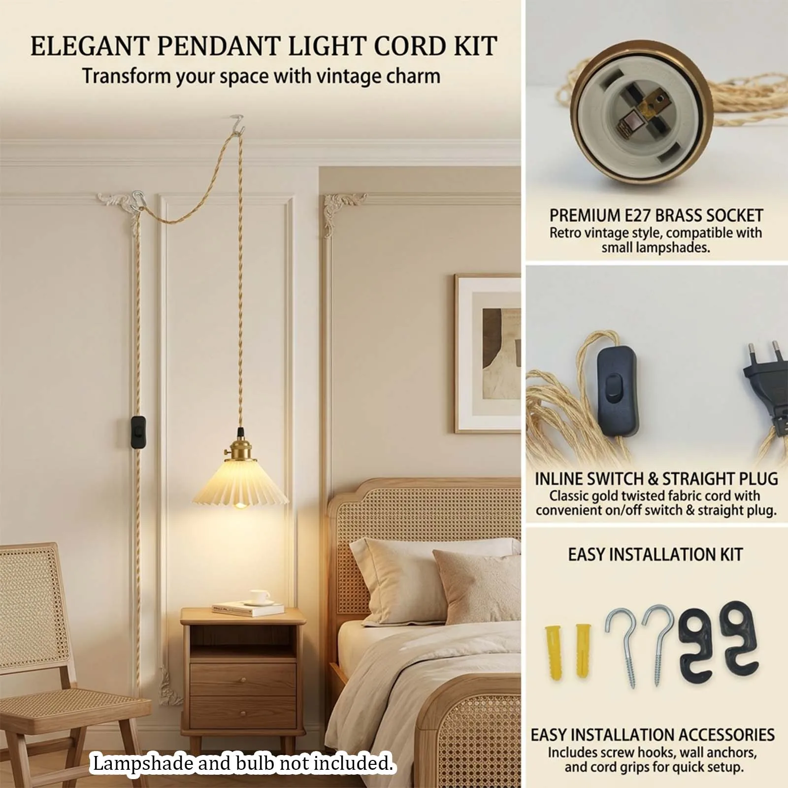 Pendant Wire Set, Light Gold Twisted Cable, Brass Socket, On Off Switch, EU Plug, Retro, Table Lamp, Reading