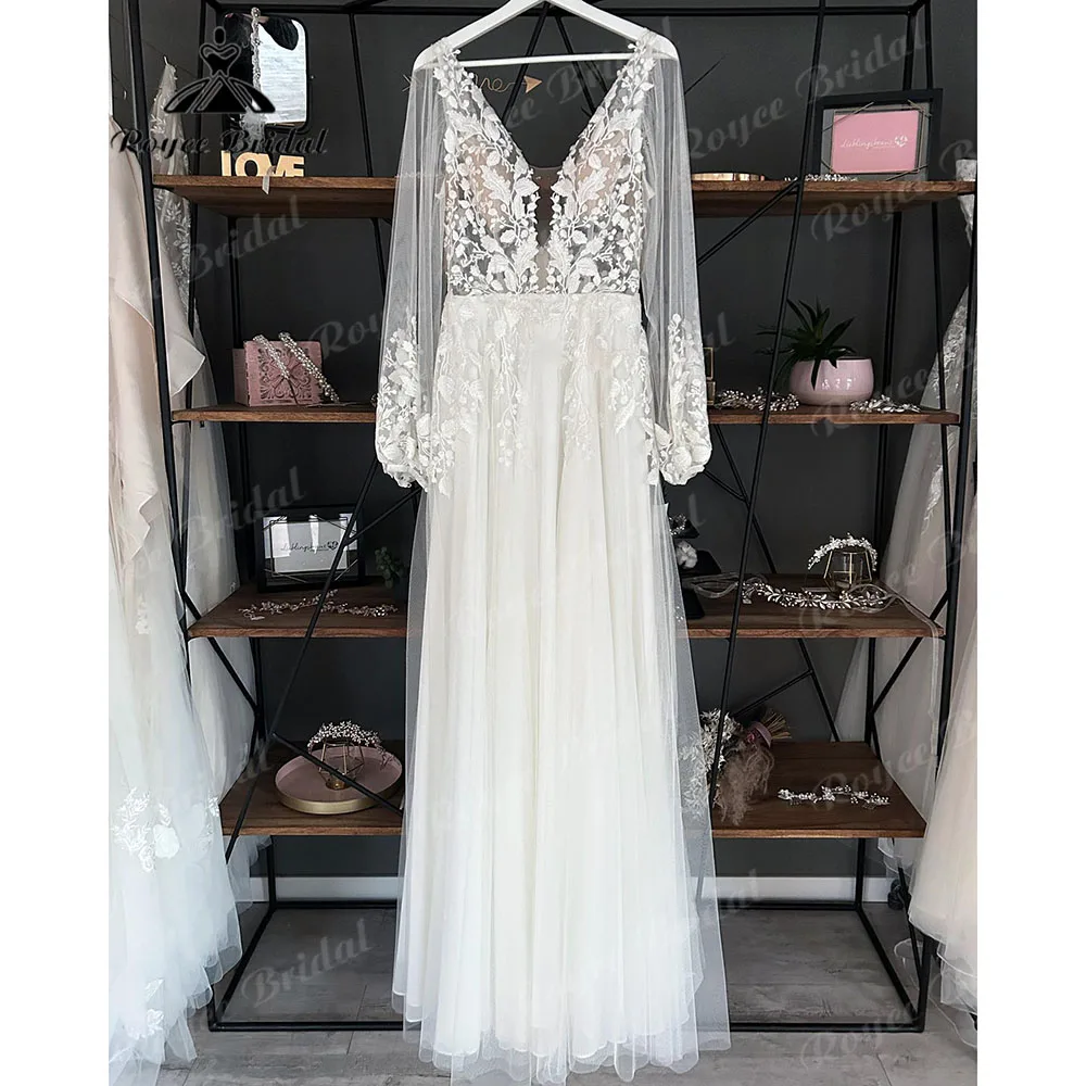 Plunging Deep V Neck Long Sleeve Boho Lace Floral Wedding Dress 2023 Beach Robe Boheme Femme Chic Wedding Gown for Brid Elegant